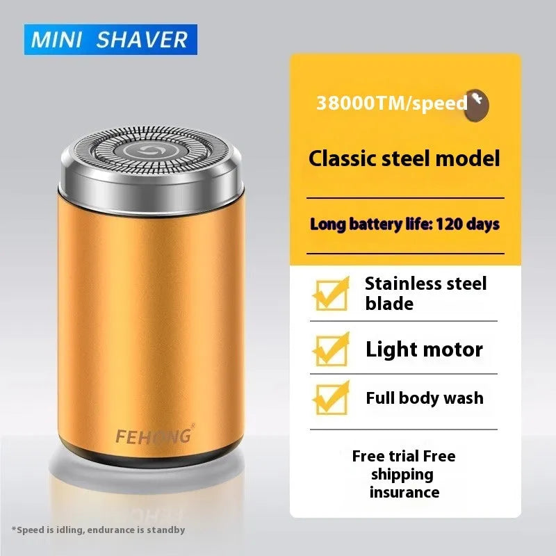 Mini fully washable portable men's electric shaver with stainless steel blade and brushless motor in elegant gold