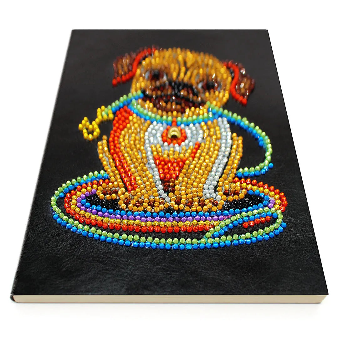 Black A5 DIY diamond painting notebook showing soft-touch cover and blank pages for craft projects