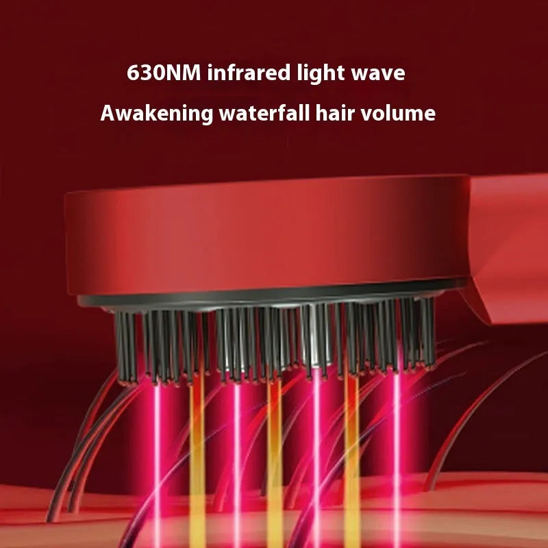 A handheld red and blue light therapy massage hair comb with a plastic body and Type-C charging port.