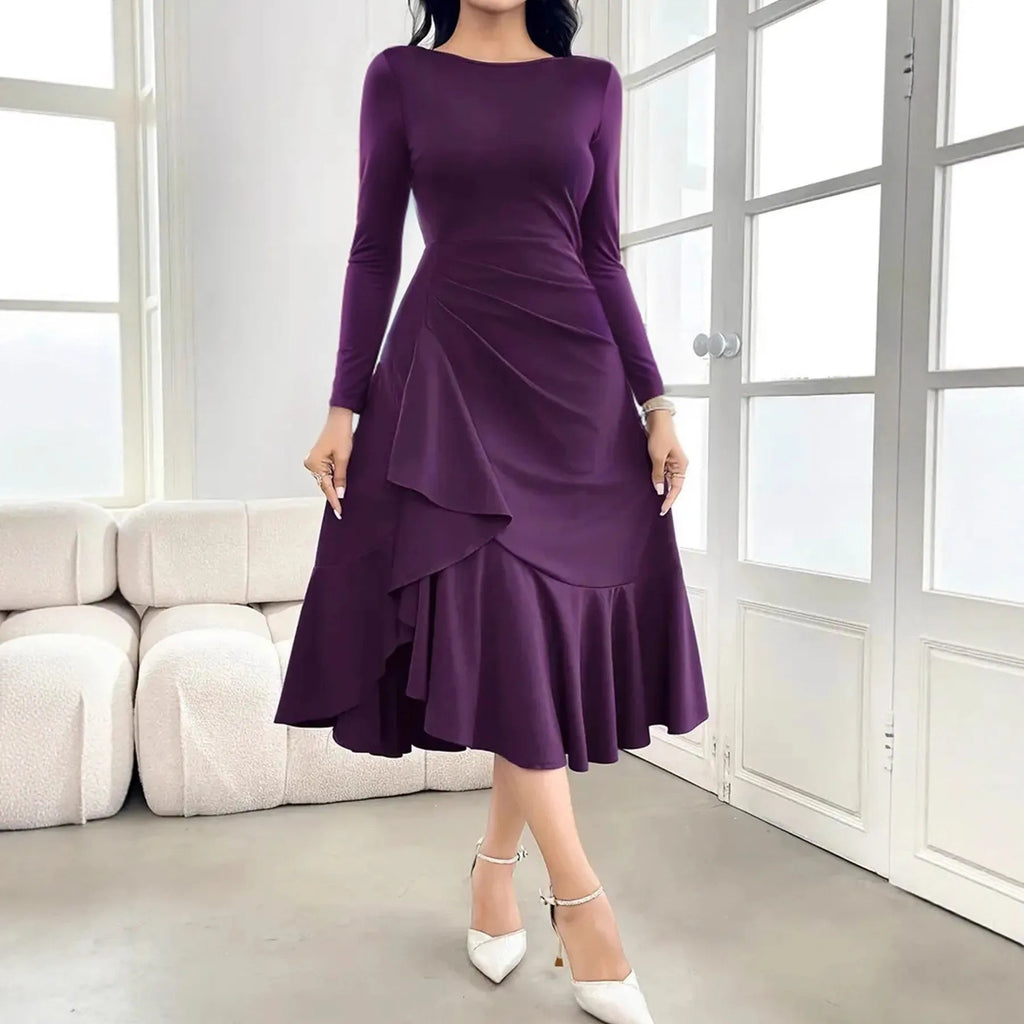 Purple women's long sleeve dress with ruffles and a round neckline