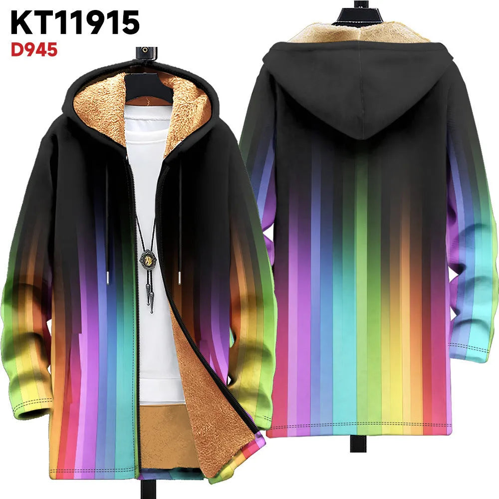 Men's hooded zip-front cardigan with multicolour digital print pattern in loose fit