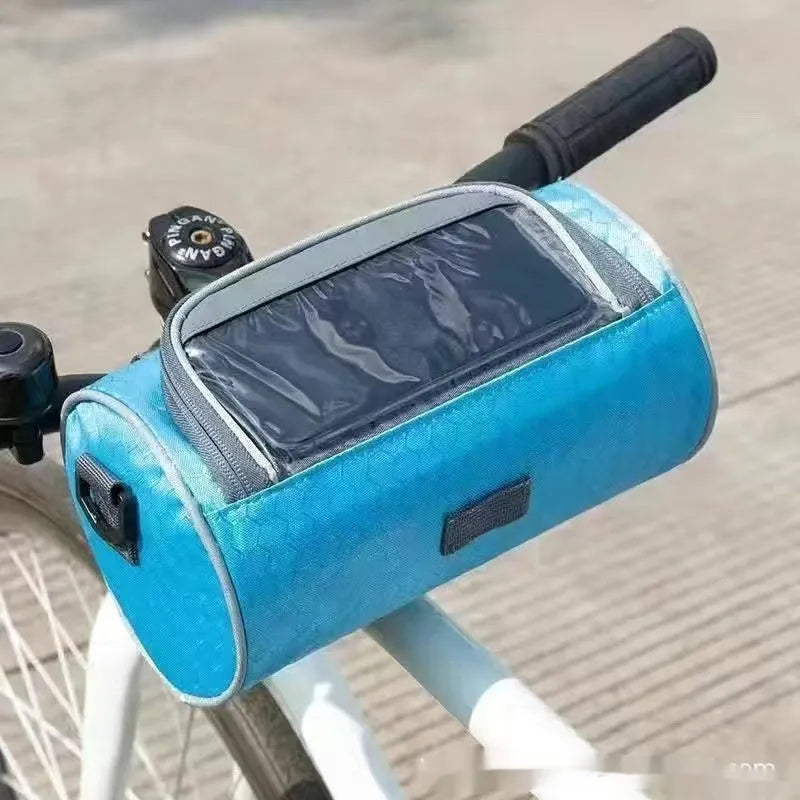 Mountain bike touch screen navigation front bag in black Oxford cloth with handlebar mounts and 5 inch device capacity