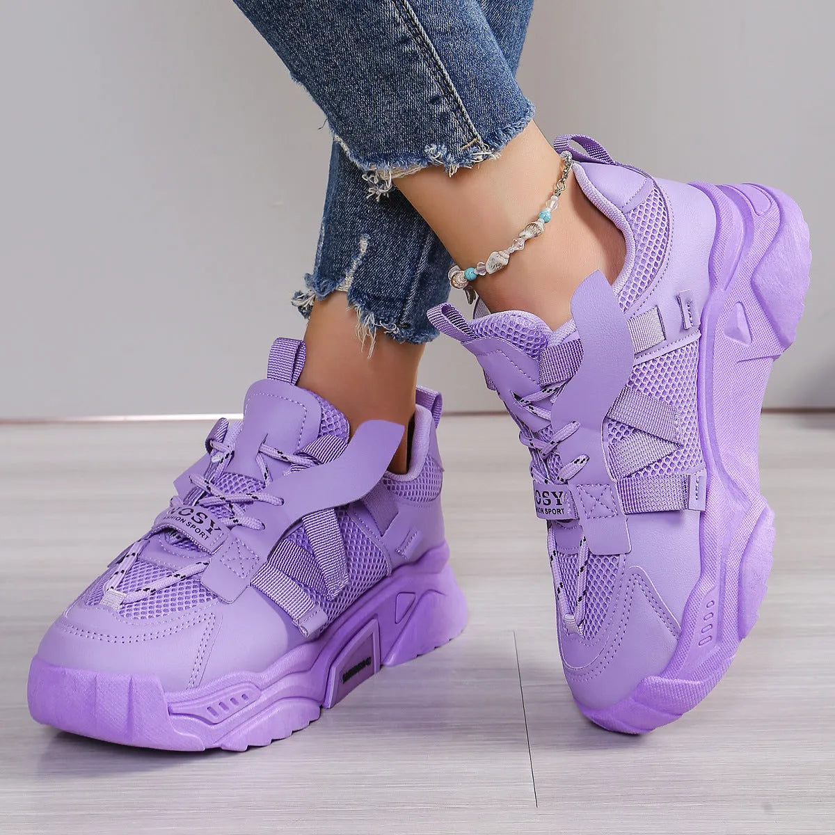 Women's platform mesh dad shoes in multiple colours with animal pattern design and lace-up front