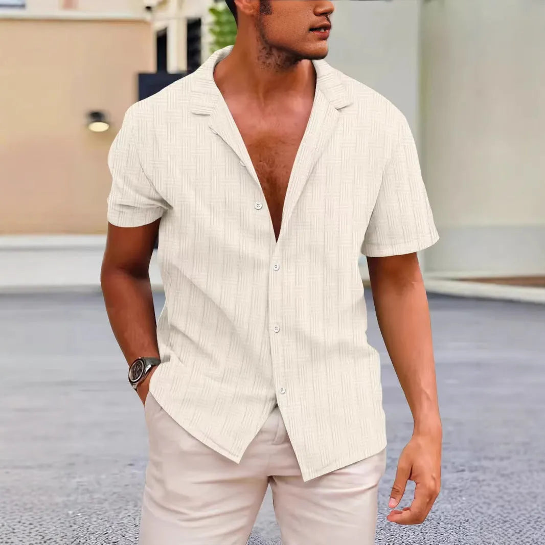 Corduroy short sleeve summer shirt in solid colour with British style cardigan design