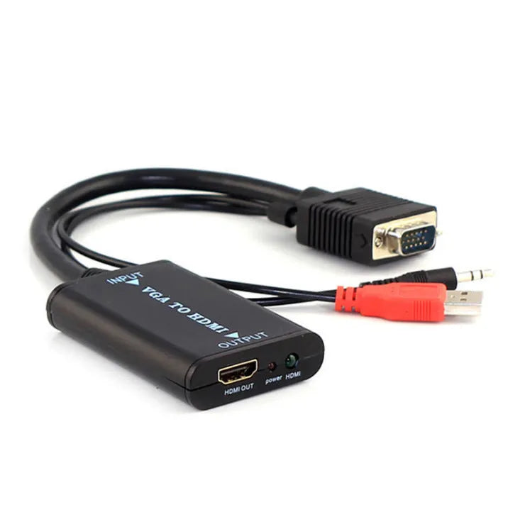 Black VGA to HDMI female converter with USB power cable for 1080p video and audio output.