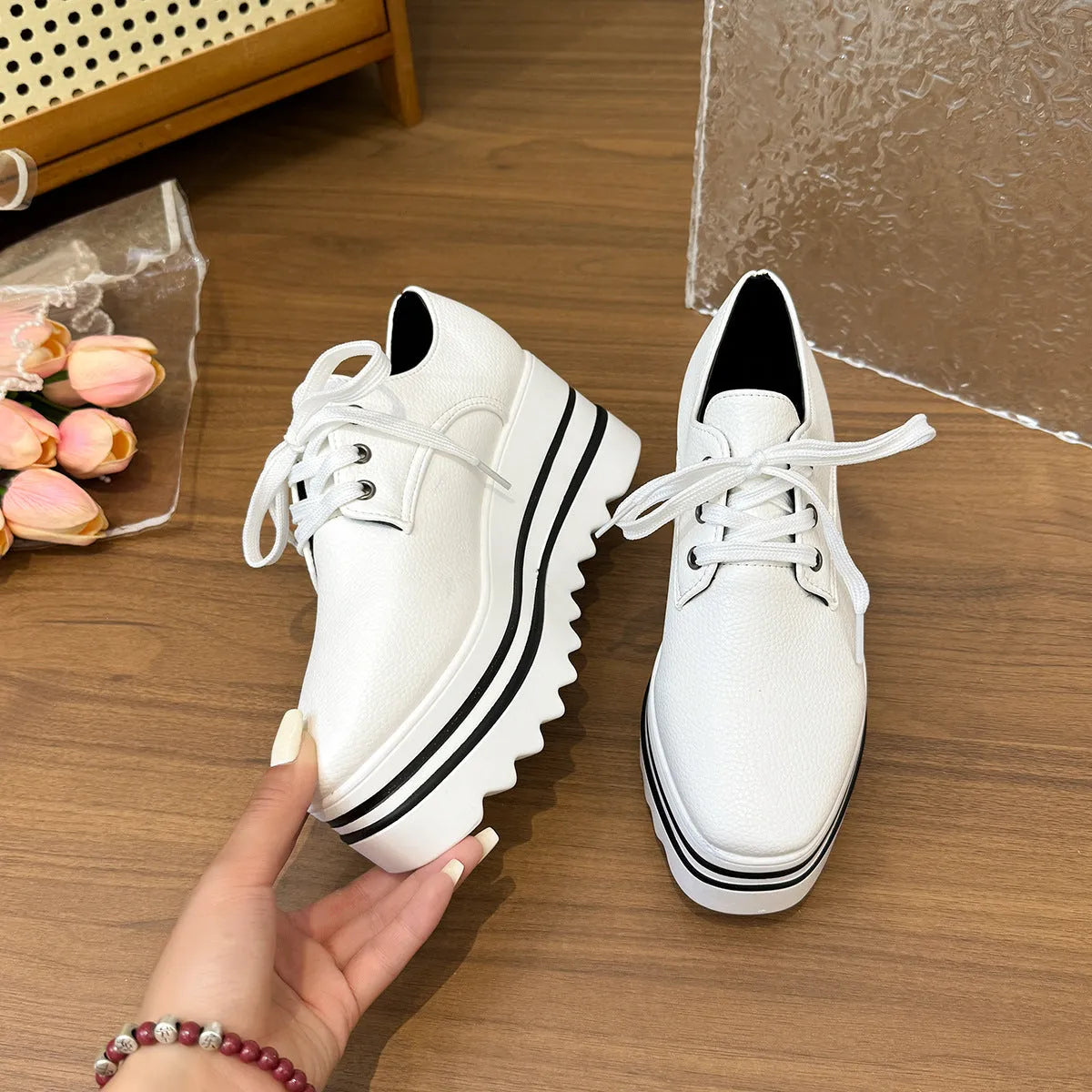 Brogue lace-up square toe platform pumps in white with PU upper and English muffin heel