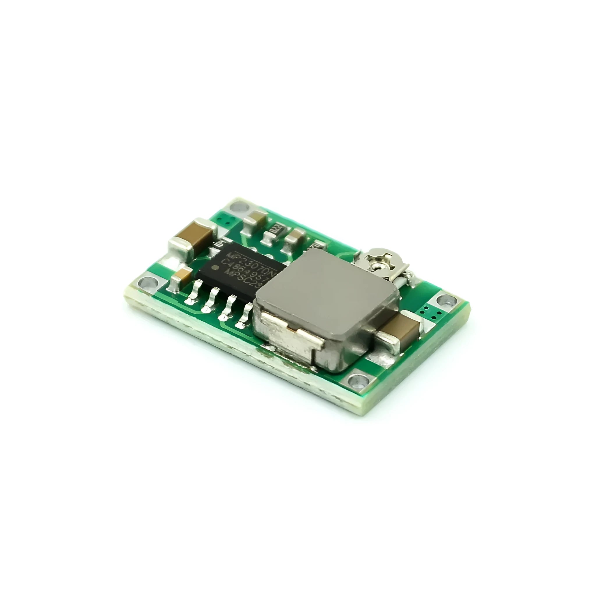 Mini-360 green DC-DC buck converter module measuring 17x11x3.8mm with adjustable voltage output