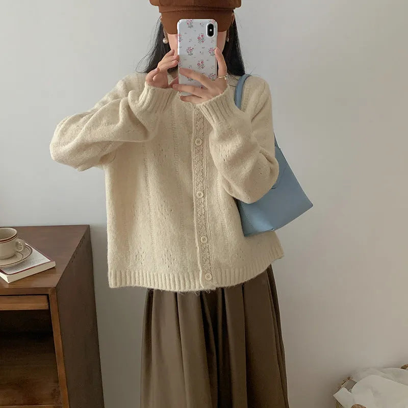 Artistic retro loose knitwear cardigan coat in apricot, green, pink, or light grey colour.
