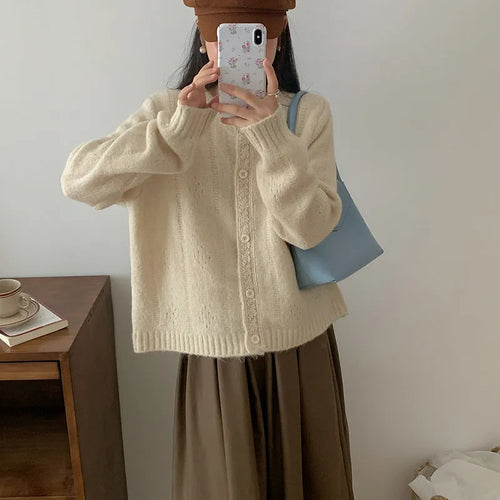 Artistic retro loose knitwear cardigan coat in apricot, green, pink, or light grey colour.
