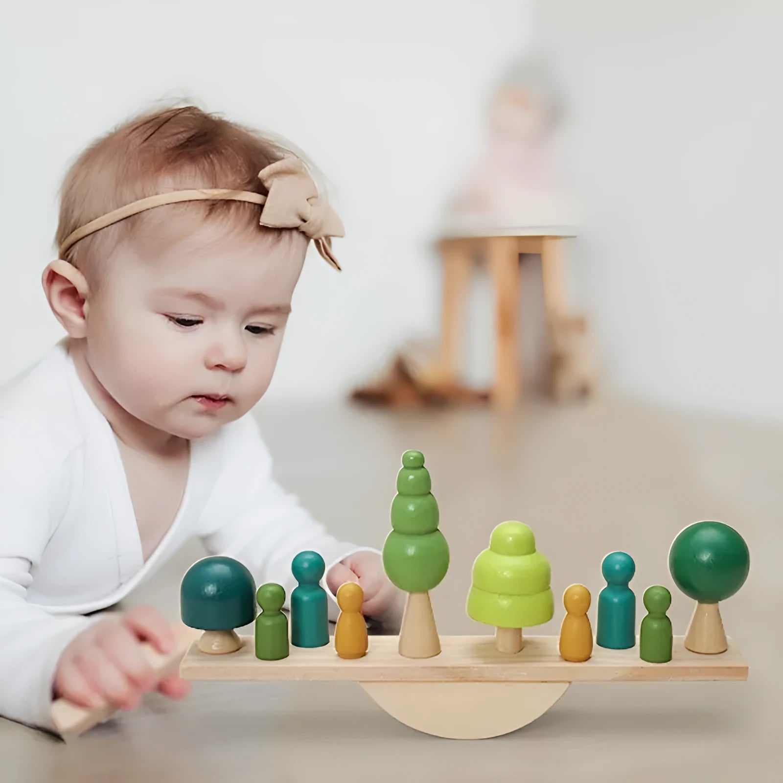 Children's solid wood forest balance seesaw toy set with coloured building blocks and threading animal figures