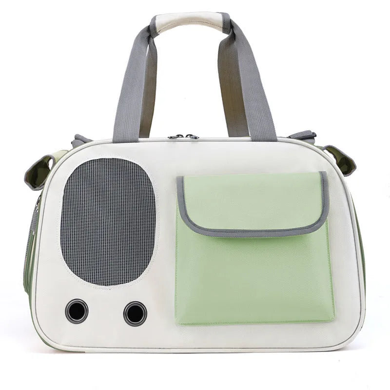 Foldable single shoulder pet carrier bag in canvas material showing large capacity design