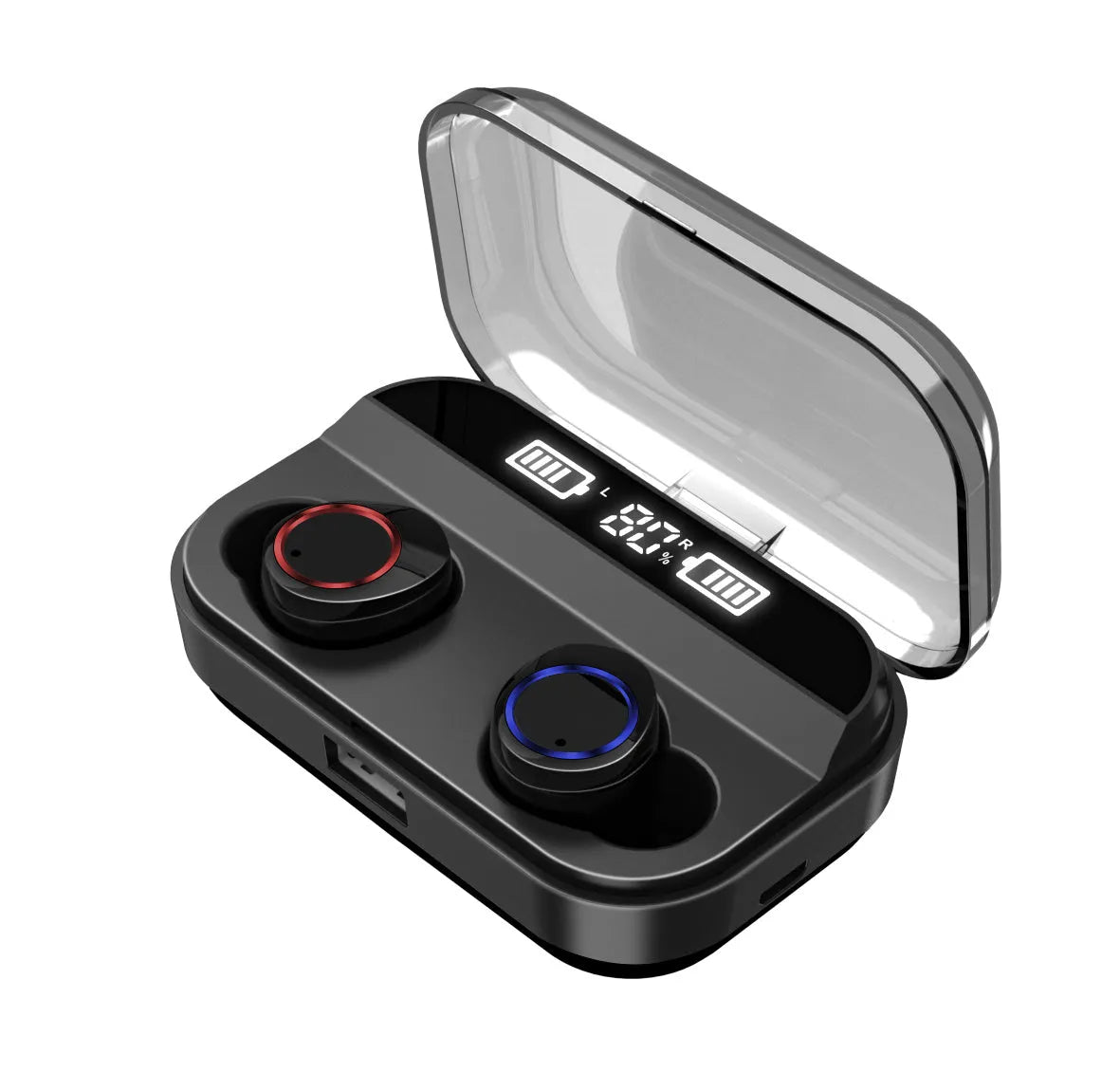 X11 black wireless Bluetooth earphones and charging case with silicone ear tips.