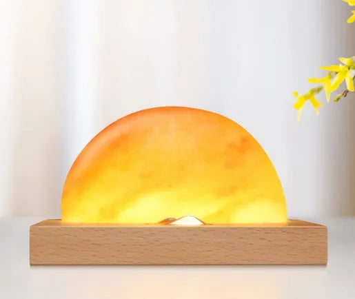 Sunrise Oriental LED table lamp with natural crystal salt shade and wireless charging on beech wood base