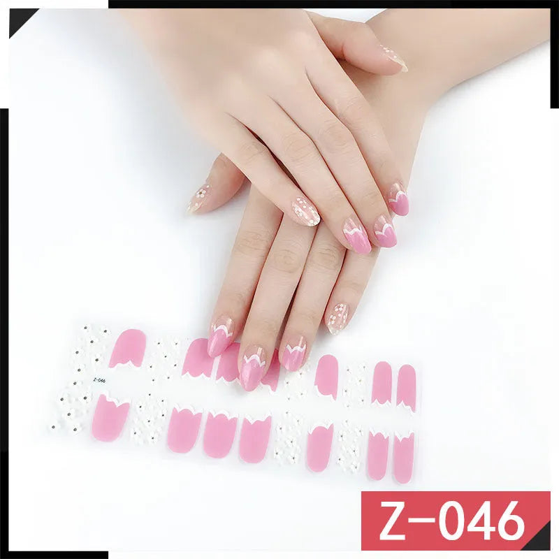 Korean Exquisite Nail Stickers pack showing colourful cartoon, floral, and embellished designs with included nail file.
