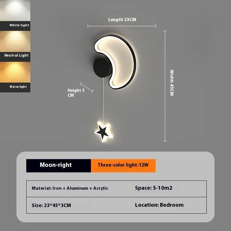 Children's cartoon cloud star wall lamp with LED light in black or white finish