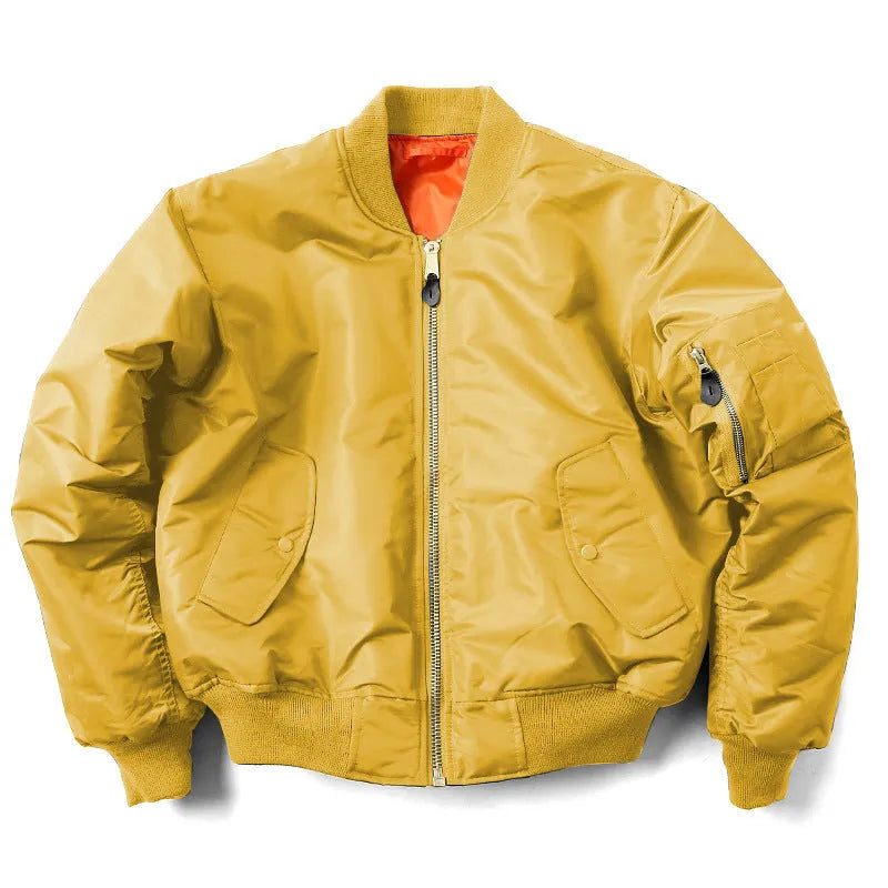 Men's army green loose-fit cotton-padded pilot jacket with double-sided wear-resistant nylon construction.