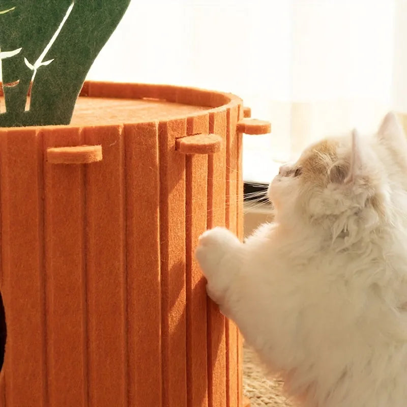 Carrot-shaped felt cat tunnel nest with semi-enclosed drilled design in various colours