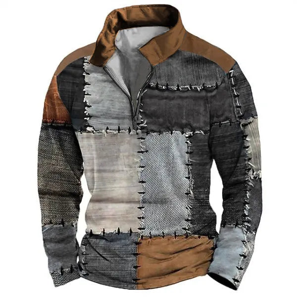 Men's loose fit long sleeve t-shirt with retro striped printing and zipper details