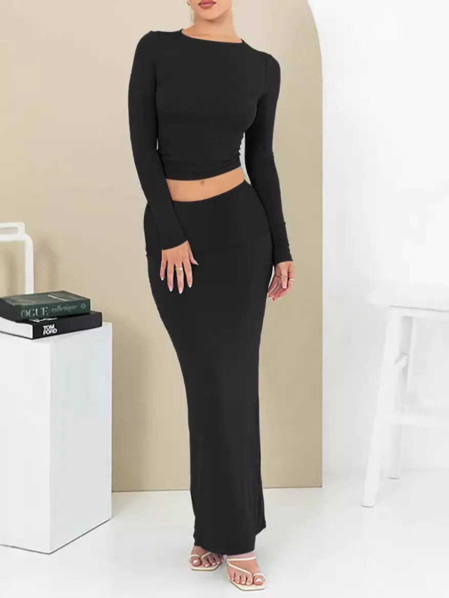 Women's sweet style two-piece suit with crop top and long skirt in polyester fabric