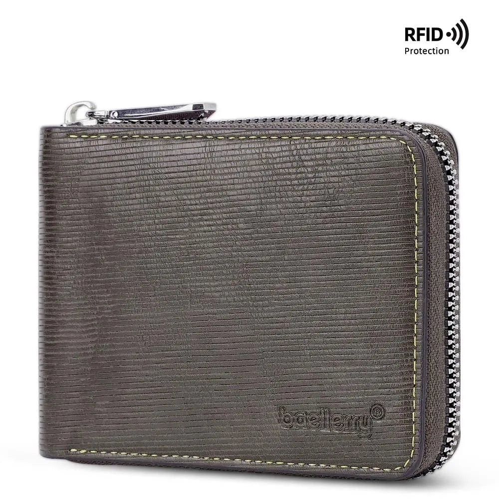Black or brown leather anti-theft credit card wallet with zipper closure and embossed detailing