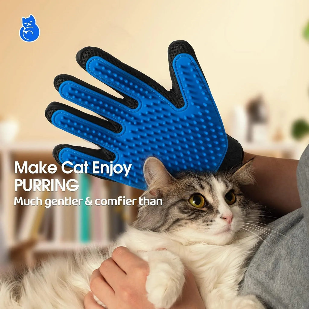 Blue pet grooming glove with silicone tips for dog cat horse hair removal during brushing and bathing
