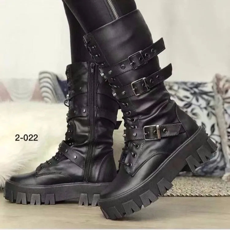 Women's black mid-calf knight boots with metal buckles and side zipper