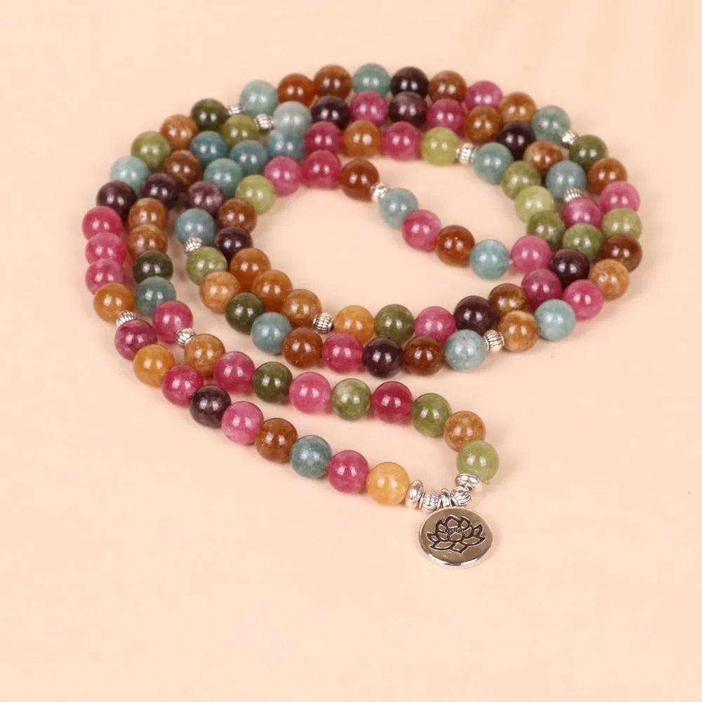 108-bead multi-layer bracelet with lotus hanging and tourmaline accents on alloy chain