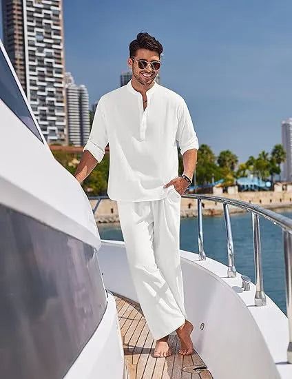 Men's casual cotton trousers suit in a solid colour, showing long sleeve top and matching trousers