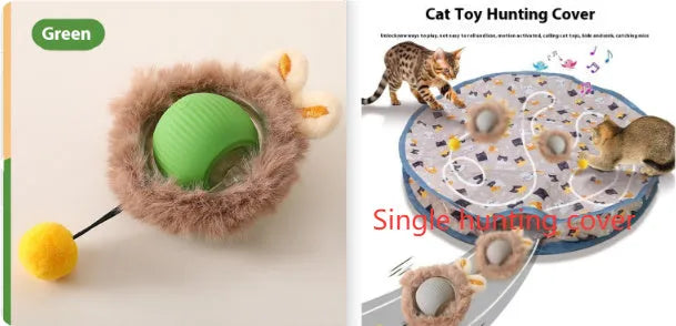 Silicone self-moving rolling ball cat toy in green, red, and grey colour options.