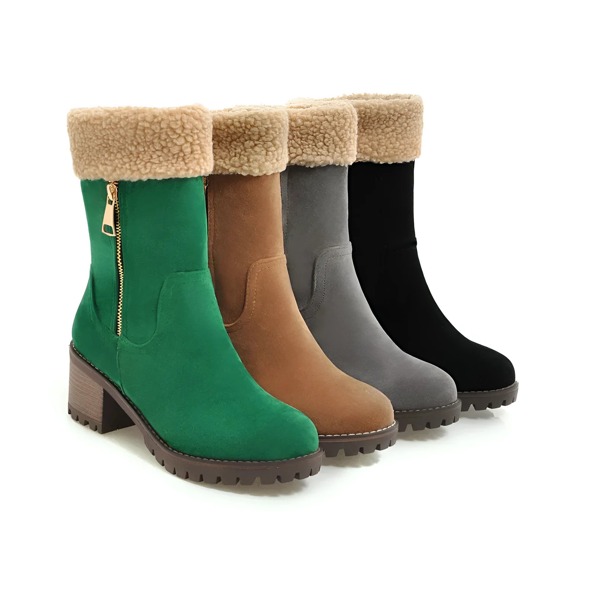 Snow boots with rubber sole and plush lining in black, grey, green, or orange