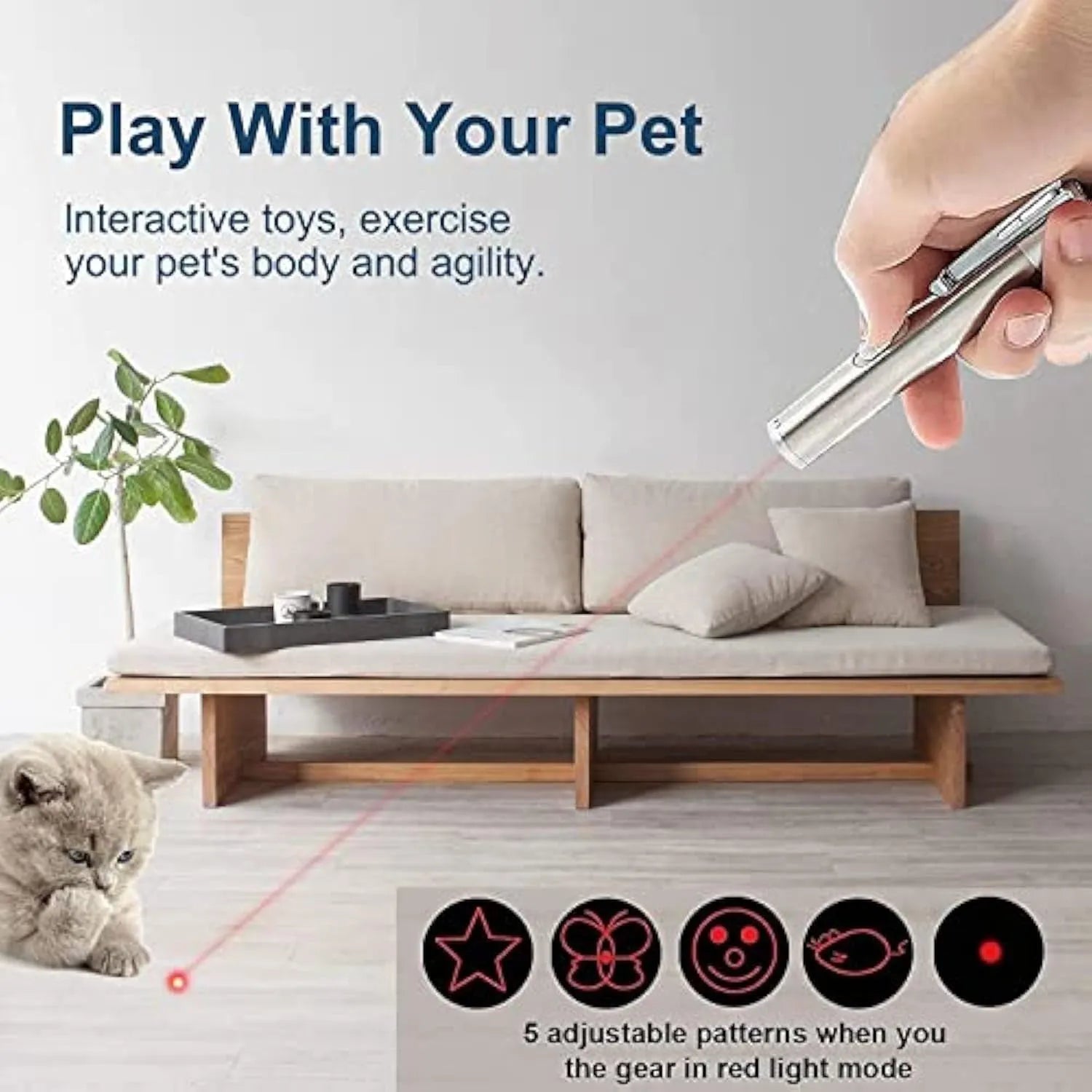Silver aluminium cat laser toy pointer with multiple pattern modes for indoor pet play