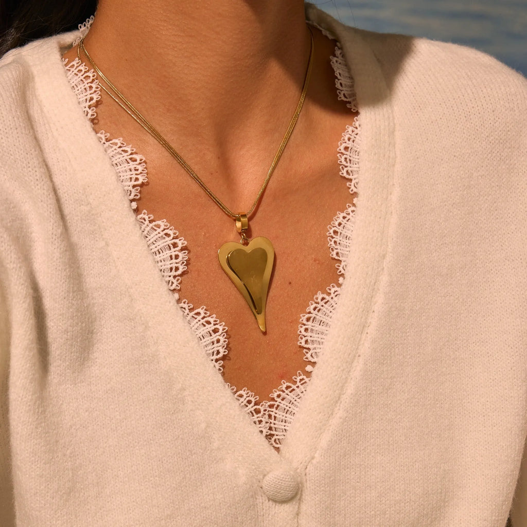 Stainless steel double heart snake bones chain necklace with geometric pendant in gold or steel electroplated finish