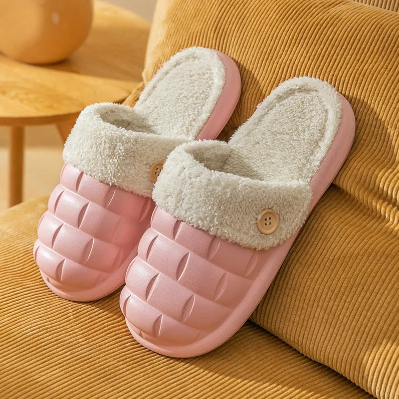 Women's EVA detachable slippers with plush lining in pink, green, yellow, white, grey, or black.