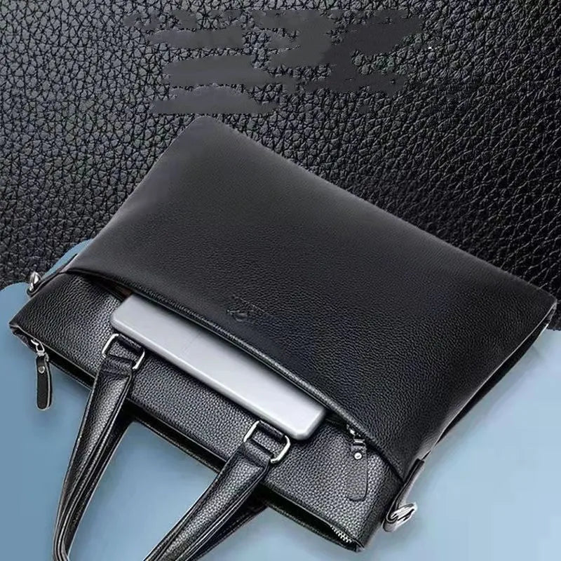 Men's PU leather business messenger bag with splicing detail, measuring 35x30x4cm