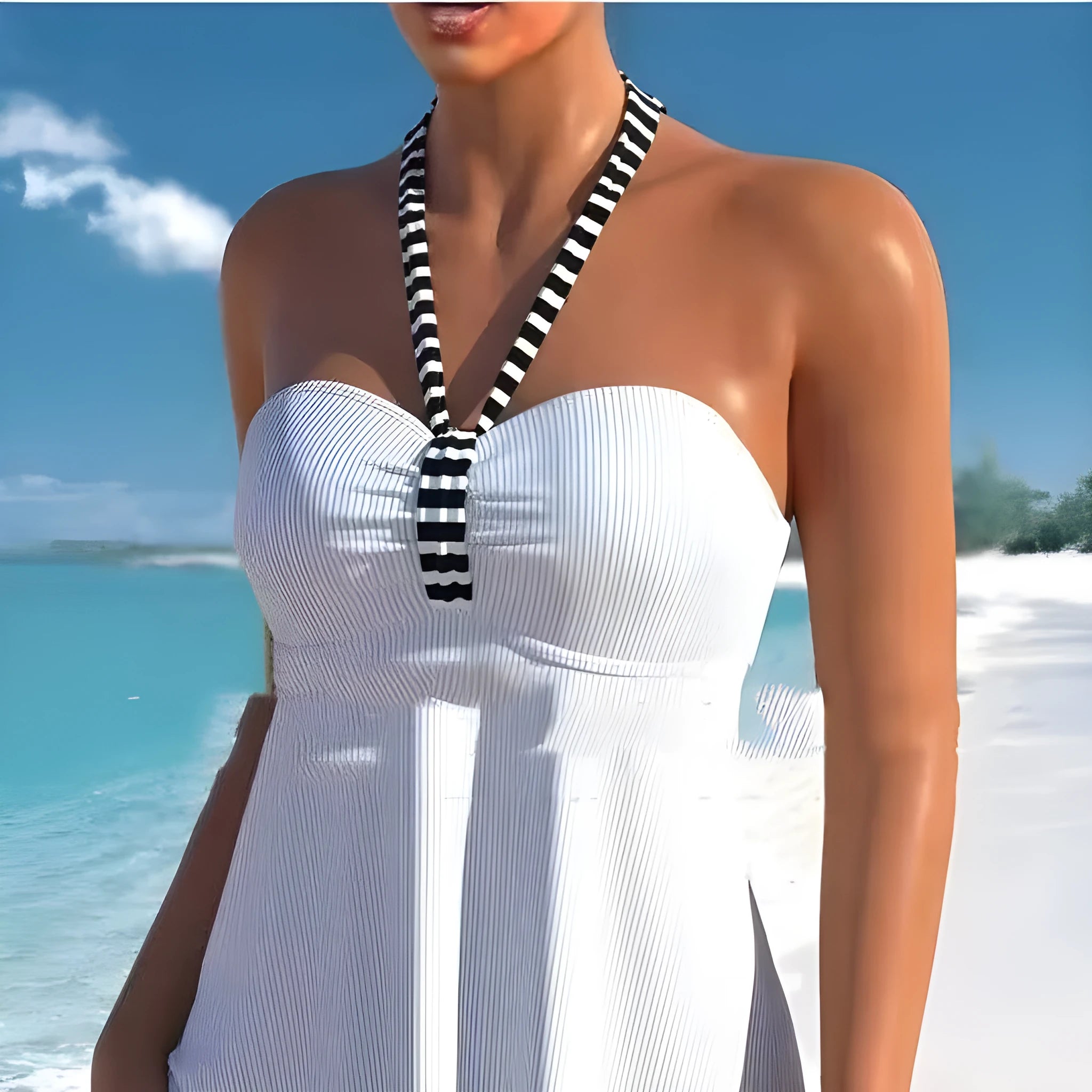 Women's off-shoulder one-piece swimsuit in solid white and black/white striped patterns.