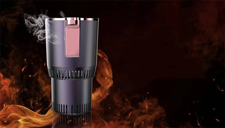 Smart hot and cold car cup in purple gold with aluminium interior and US plug adapter, 166mm height