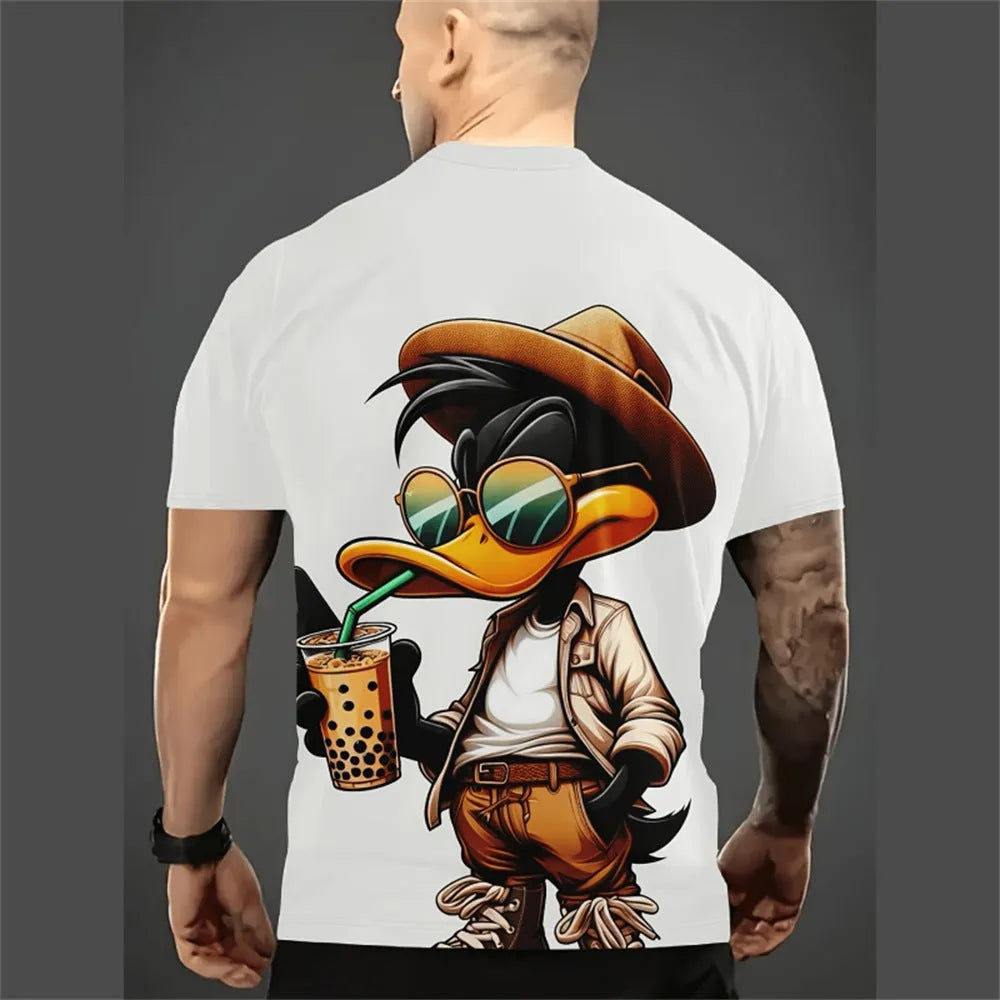Men's loose fit cartoon 3D printed short sleeve T-shirt in milk silk linen blend fabric