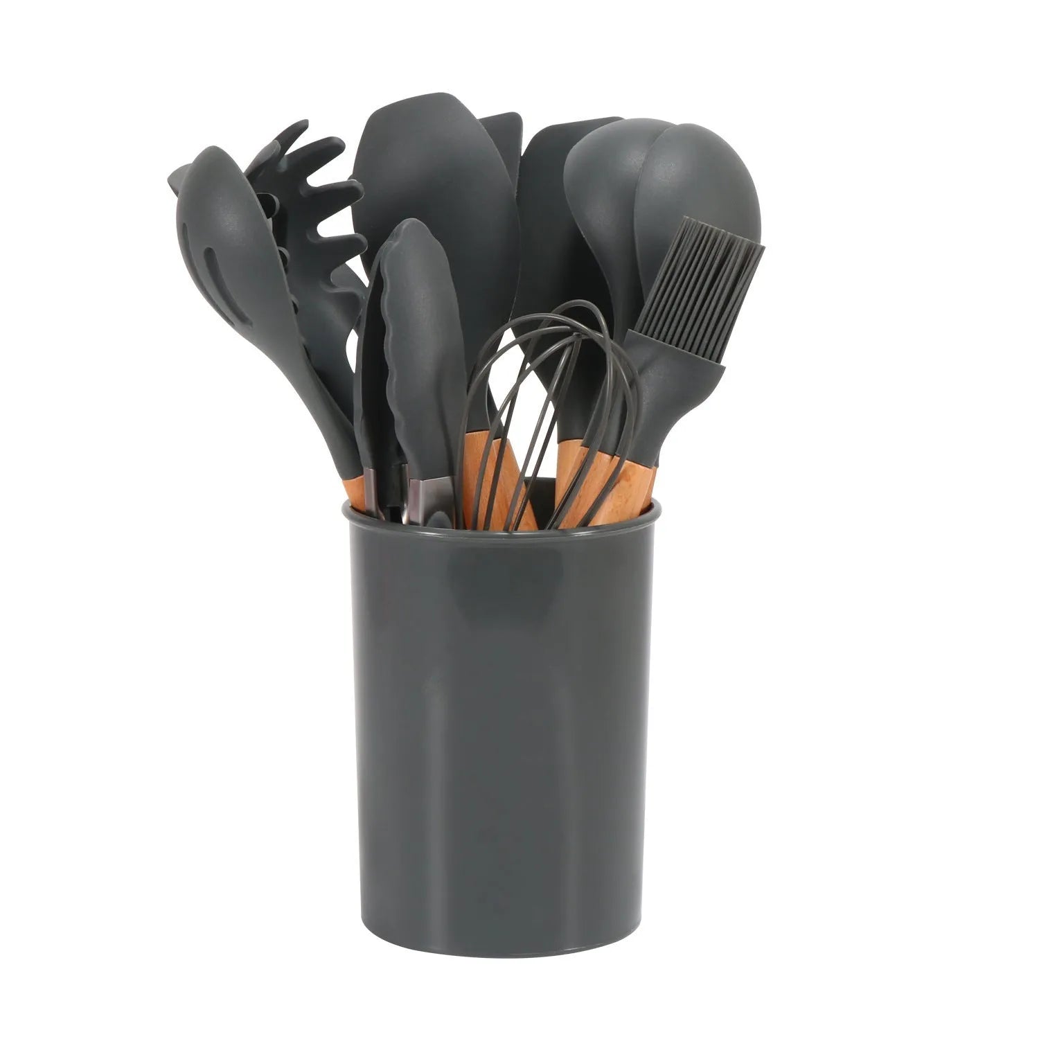 12-piece silicone kitchenware set with wooden handles in modern simplicity design, colour box packaging