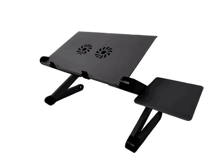 Black vertical folding metal laptop desk with ventilated surface and adjustable height showing legs extended