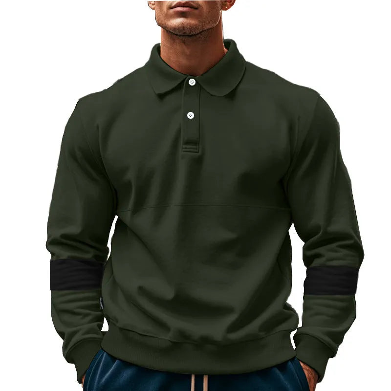 Men's long-sleeved lapel polo shirt with button front in five colour options including khaki and black