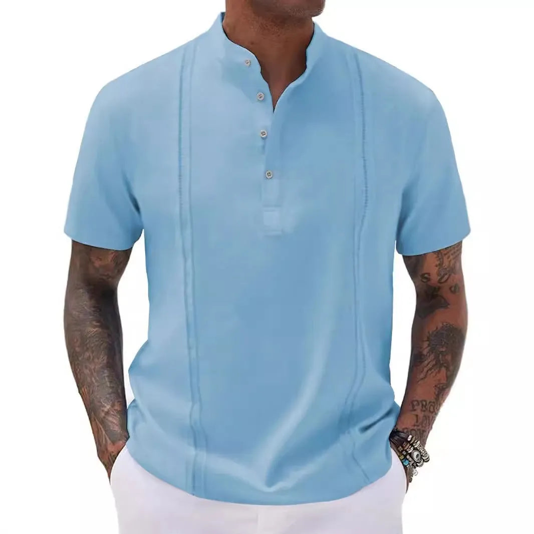 Men's solid colour half-button cardigan top in short sleeve synthetic blend for summer