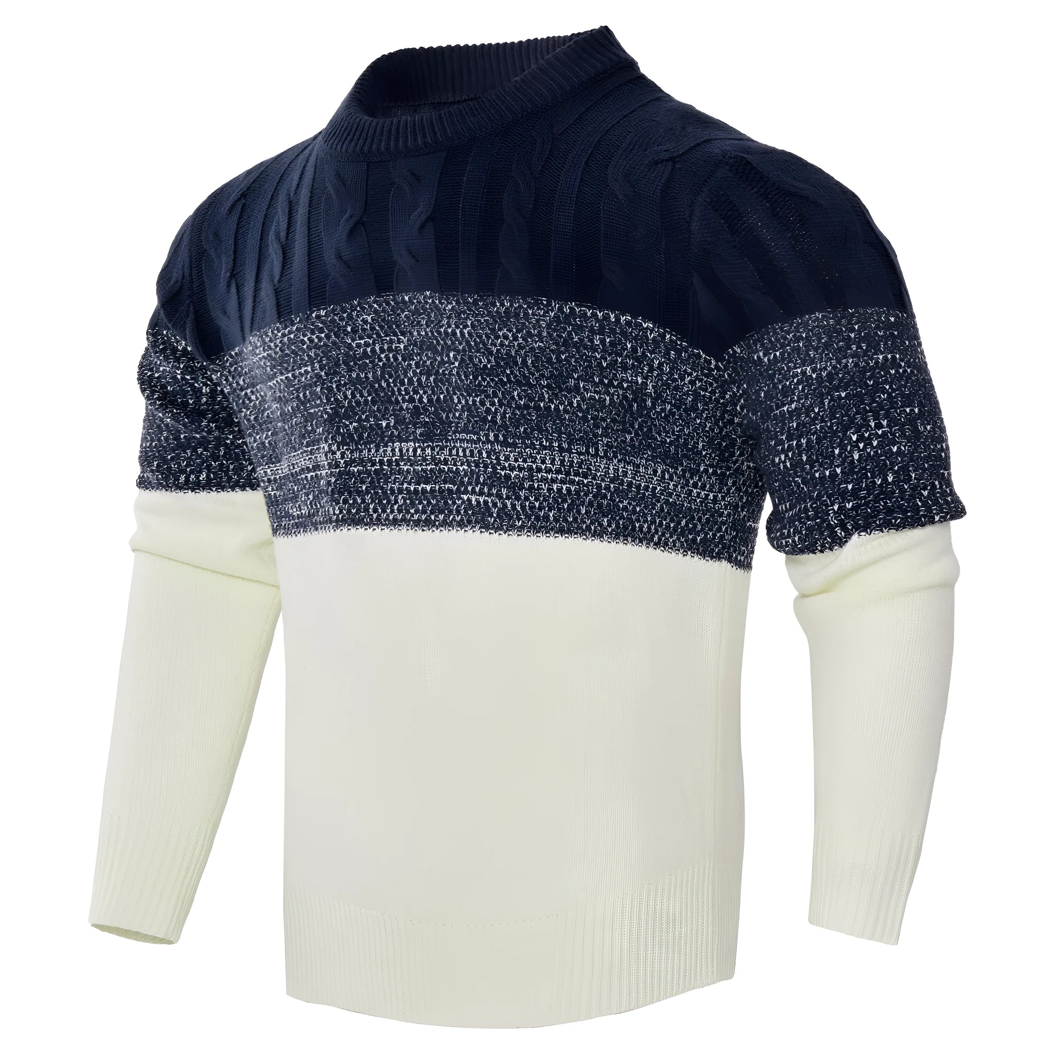 Men's casual colour block long sleeve cable knit pullover sweater in blue, crew neck and textured knit