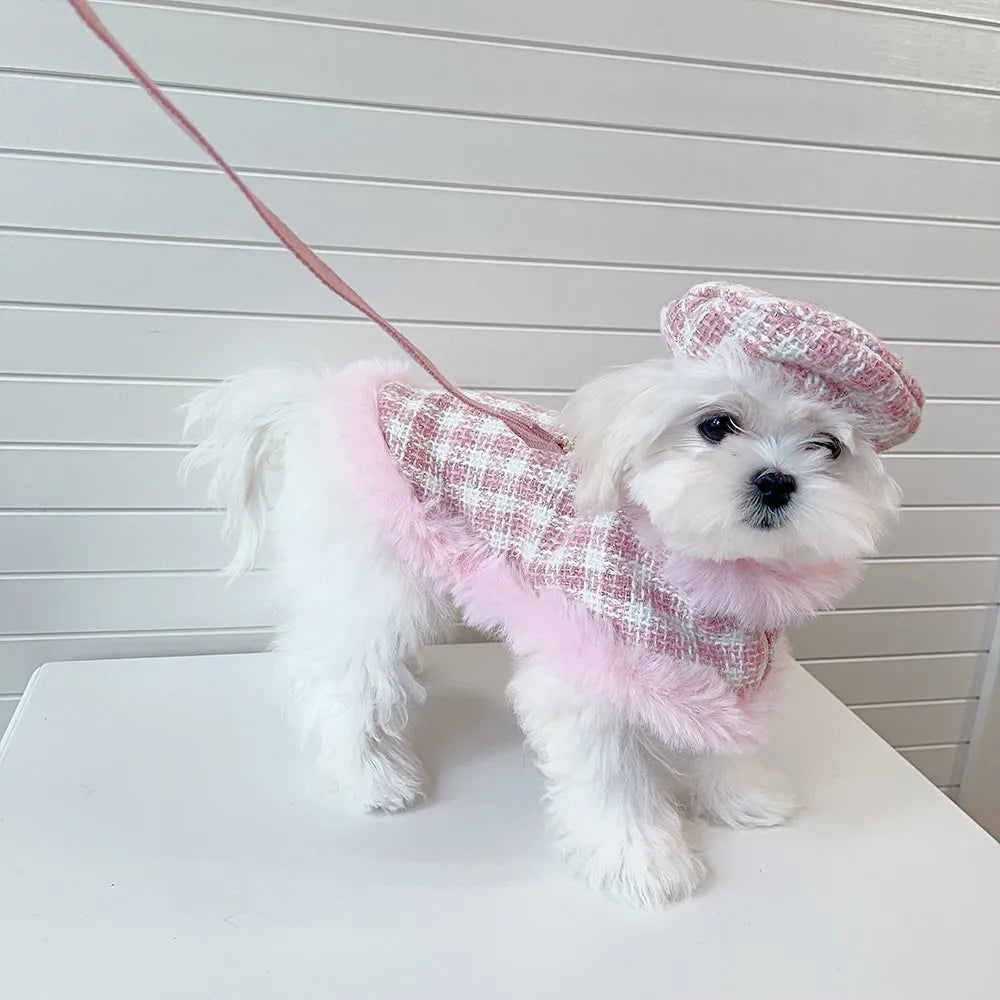 Pink cat costume with beret and cape featuring integrated hand-held lead for fancy dress events