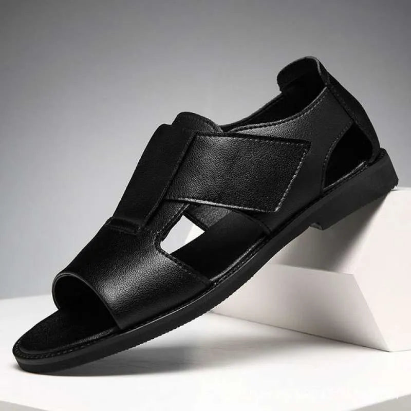 Men's black leather casual sandals with open toe and rubber sole on a white background