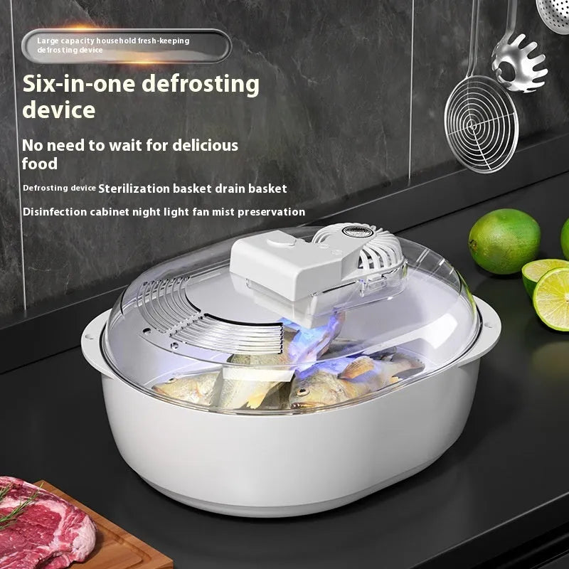Aluminium household quick defrosting plate on a kitchen countertop