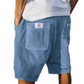 Men's grey straight-leg corduroy shorts with multiple pockets and embroidery detail on a hanger.