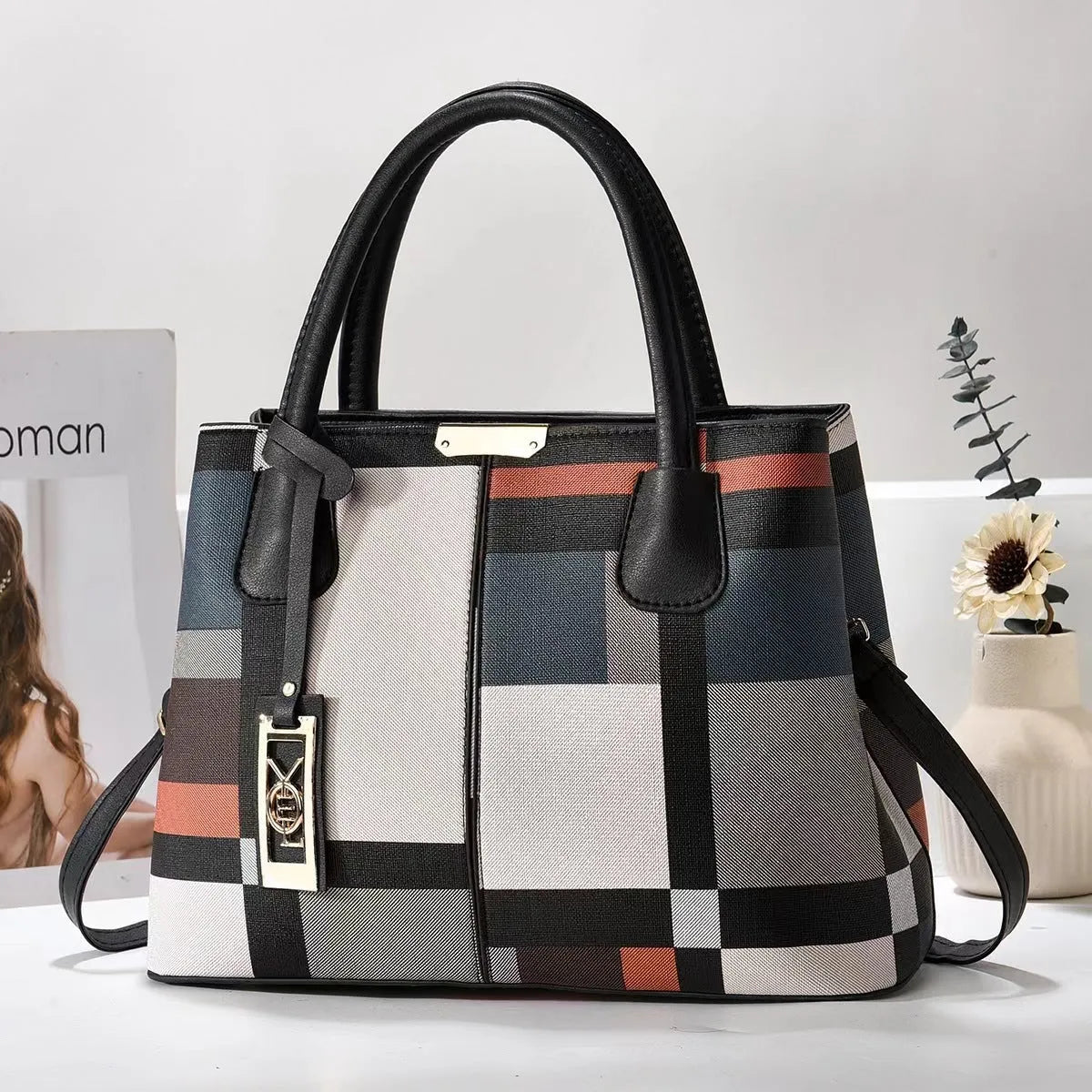 Soft PU fashion handbag with leather shoulder strap in horizontal square shape