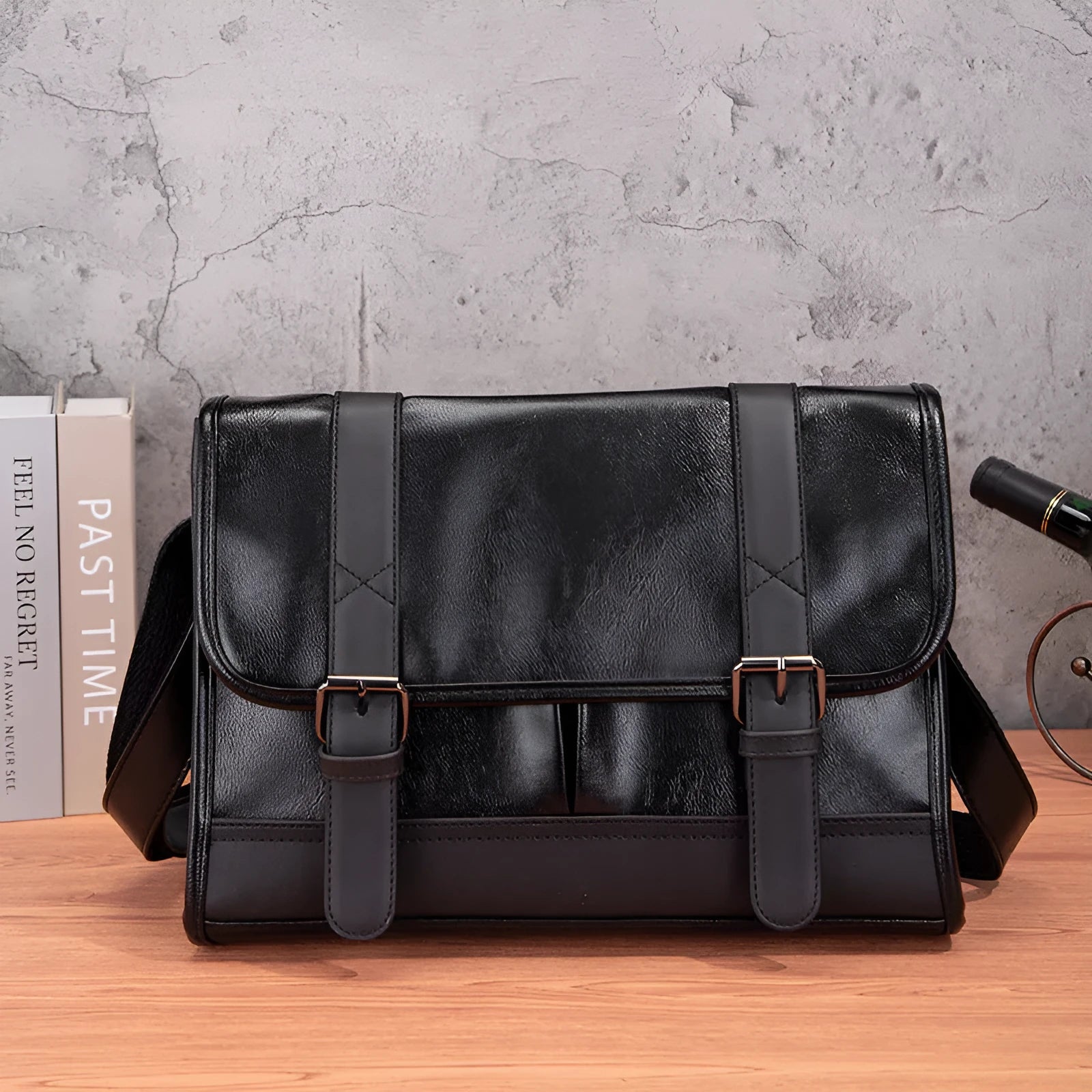 Black Korean-style men's anti-theft backpack with decorative sewing thread detailing