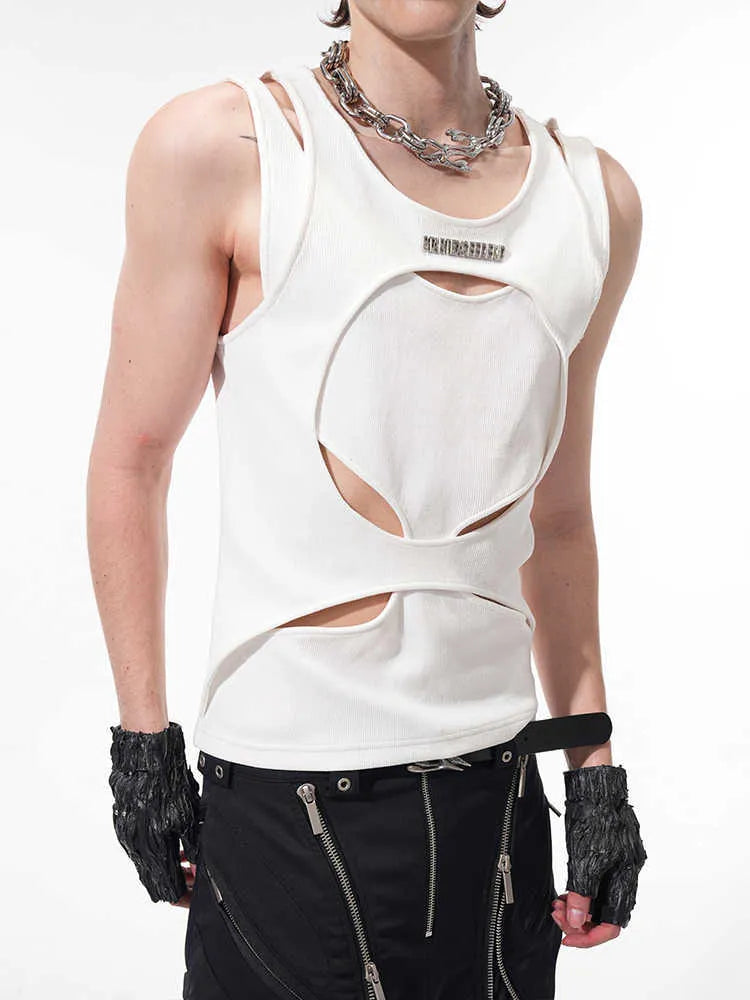 Men's black sleeveless waistcoat with hollow thread construction and round neck collar
