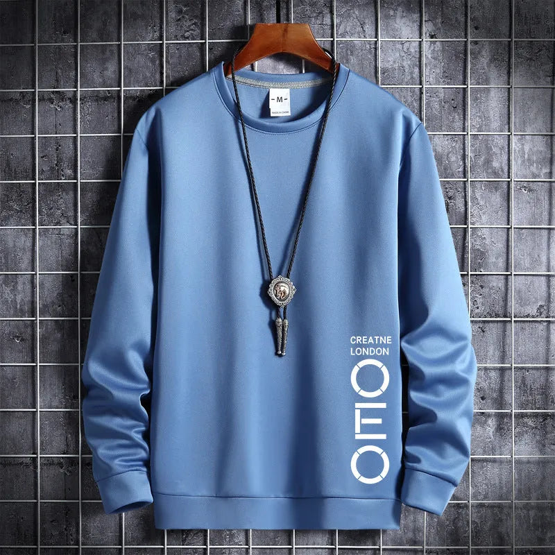 Men's thin round neck sweater in light grey, Korean hipster pullover style, cotton-polyester blend, front view